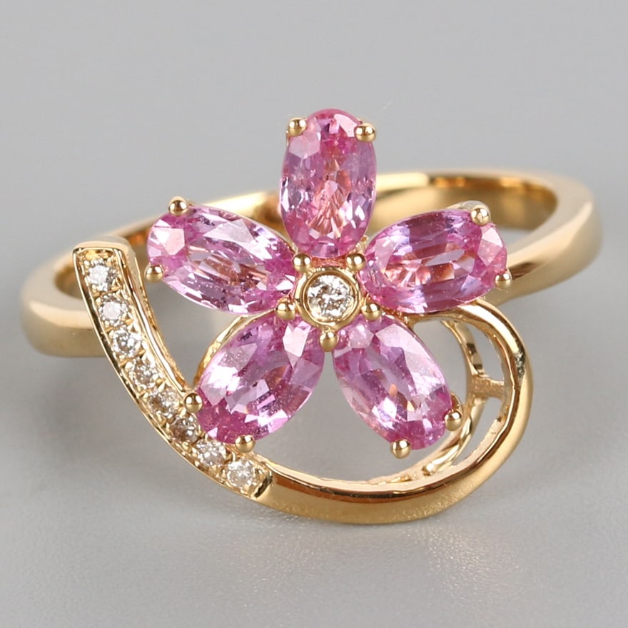 14k Gold 1.45 Ct Natural Sapphire & Diamond Ring: Ref:230955102 // gold content:14k gold // ring size:7. 25us // // main gemstone:sapphire // shape:oval // carat weight:1. 45ct // color:pink // treatment:natural // // adjacent gemstone 2 : diamond //