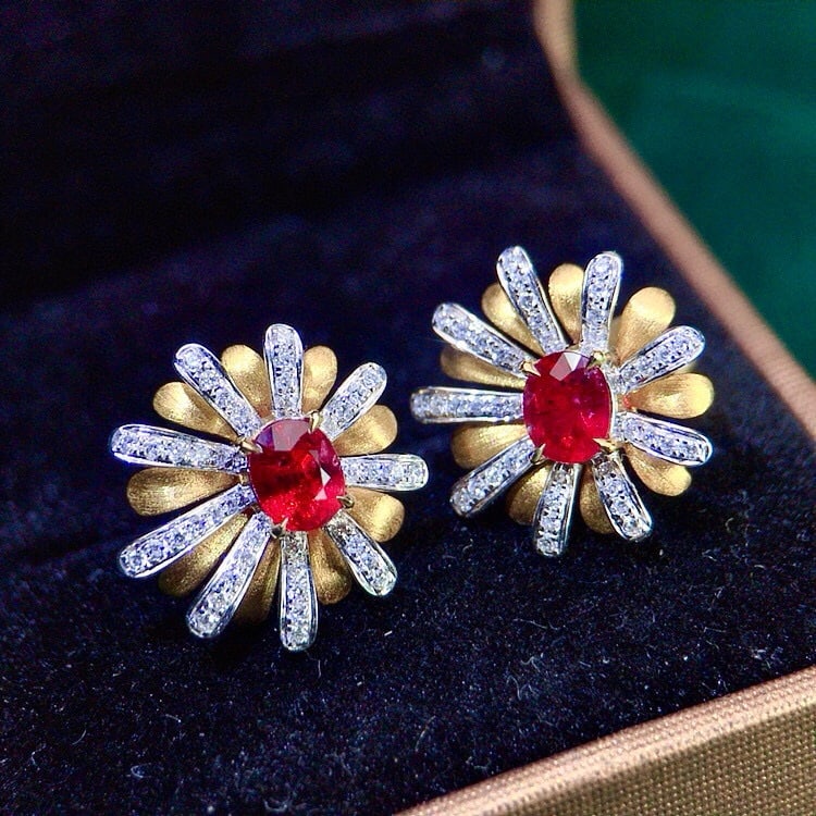 14k Gold 1.20 Ctw Natural Ruby & Diamond & Flowers Earrings - 4