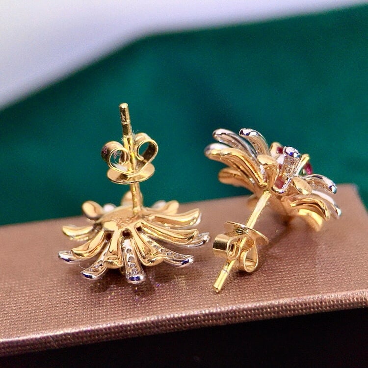 14k Gold 1.20 Ctw Natural Ruby & Diamond & Flowers Earrings - 5