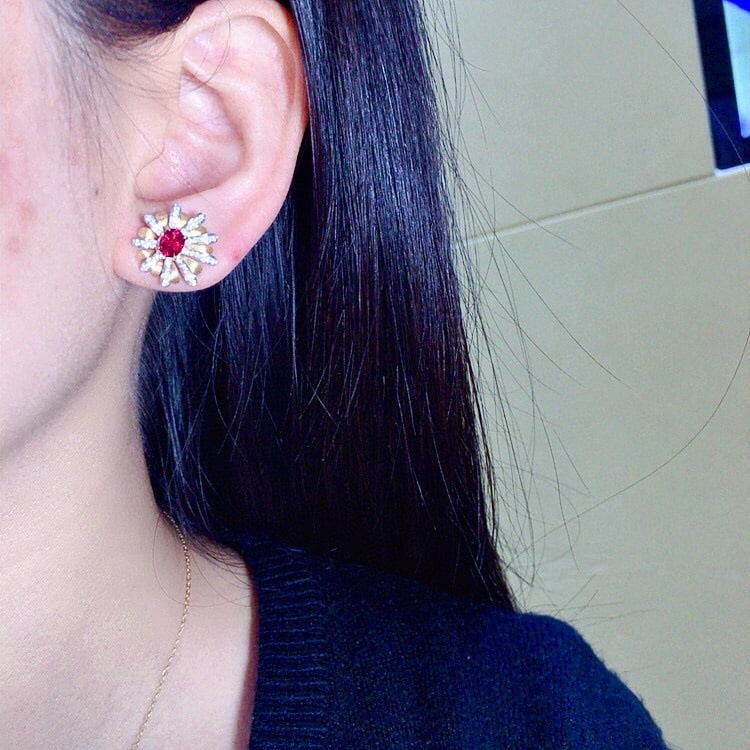 14k Gold 1.20 Ctw Natural Ruby & Diamond & Flowers Earrings - 6