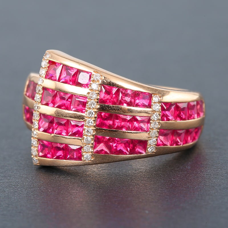 14k Gold 2.47 Ctw Natural Ruby & Diamond Ring: Ref:230955139 // gold content:14k gold // ring size:7. 25us // // main gemstone:ruby // shape:princess // carat weight:2. 38ct // color:red // treatment:natural // // adjacent gemstone 2 : diamond