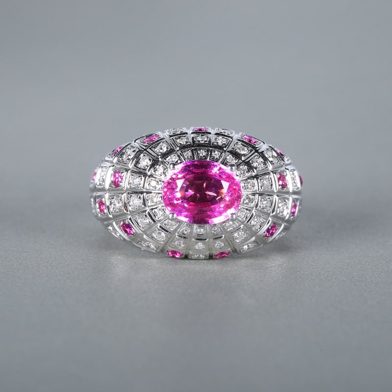 14k Gold 2.63 Ctw Natural Padparadscha Sapphire & Diamond Ring: Ref:230955149 // gold content:14k gold // ring size:7. 25us // // main gemstone:padparadscha sapphire // shape:oval // carat weight:2. 23ct // color:orangish pink // treatment:natural // //