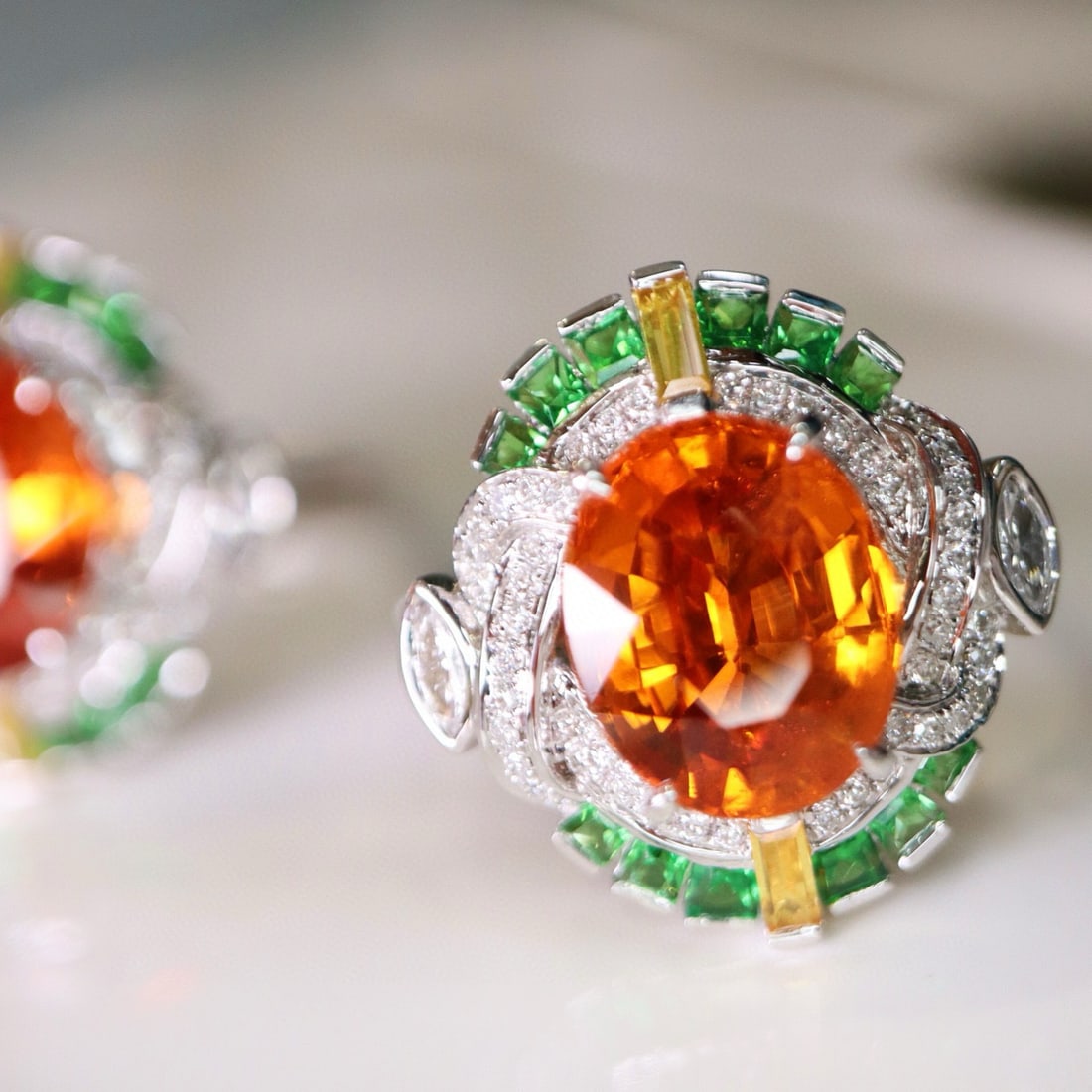 14k Gold 3.30 Ct Natural Spessartine & Diamond & Tsavorite & Sapphire Ring: Ref:230955224 // gold content:14k gold // ring size:7. 25us // // main gemstone:spessartine // shape:oval // carat weight:3. 30ct // color:orange // treatment:natural // // adjacent gemstone 2 :