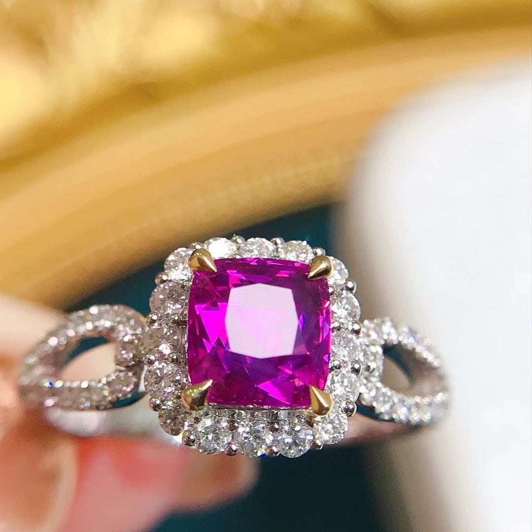 14k Gold 2.06 Ctw Natural Sapphire & Diamond Ring: Ref:230955229 // gold content:14k gold // ring size:7. 25us // // main gemstone:sapphire // shape:cushion // carat weight:1. 6ct // color:pink // treatment:natural // // adjacent gemstone 2 : diamond