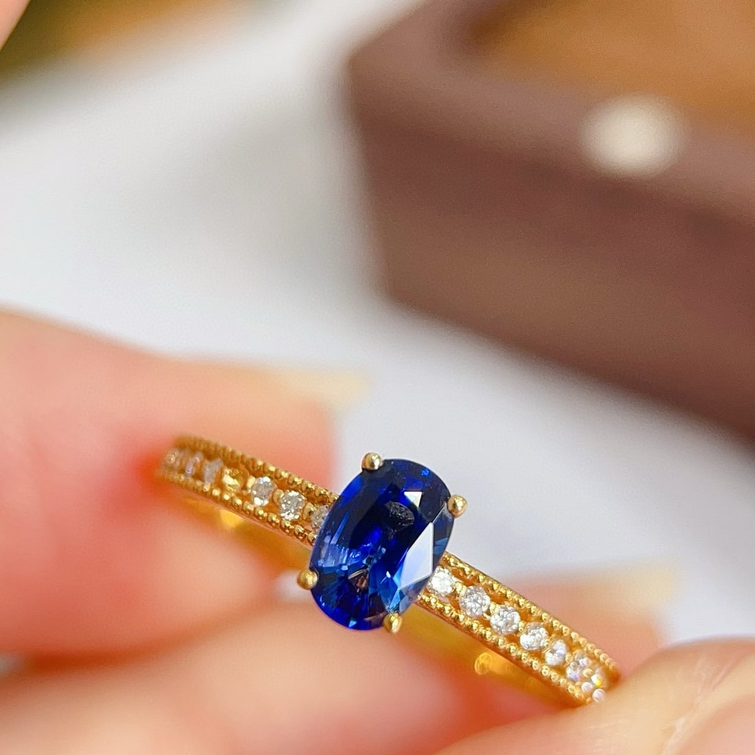 14k Gold 0.7 Ctw Vivid Blue Natural Sapphire & Diamond Ring: Ref:230956090 // gold content:14k gold // ring size:7. 25us // // main gemstone:sapphire // shape:oval // carat weight:0. 6ct // color:vivid blue // treatment:natural // // adjacent gemstone 2 :