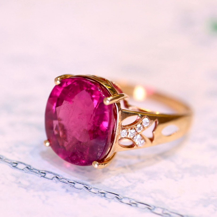 14k Gold 7.63 Ct Natural Tourmaline & Diamond Ring - 4