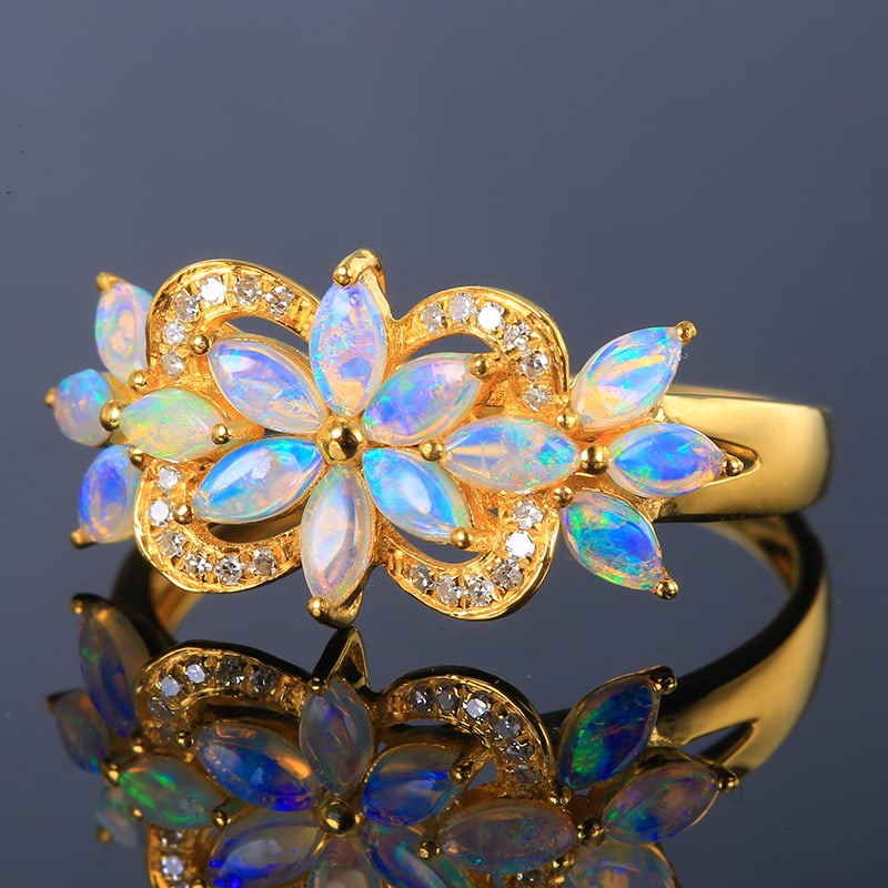 14k Gold 0.56 Ctw Natural Opal & Diamond Ring - 3