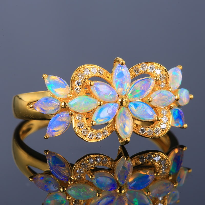 14k Gold 0.56 Ctw Natural Opal & Diamond Ring - 4