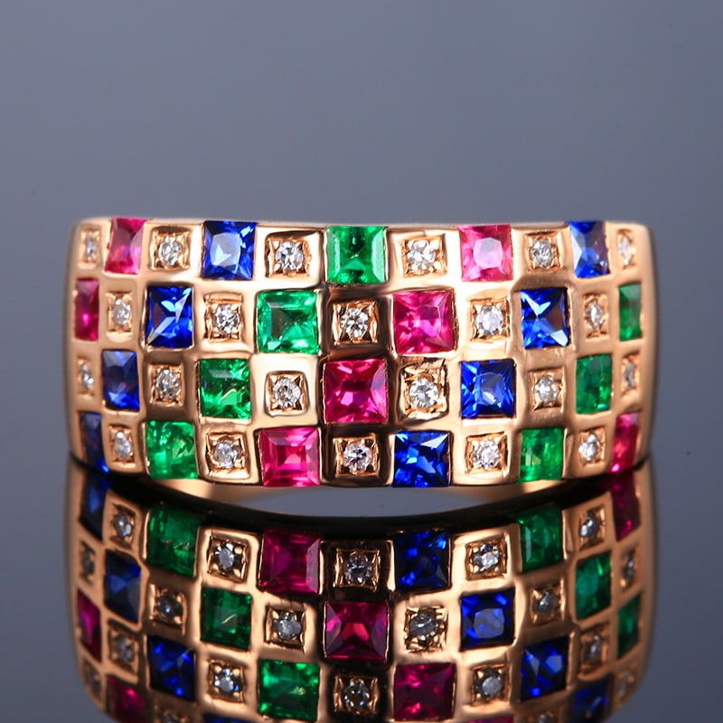 14k Gold 1.56 Ctw Natural Ruby & Sapphire & Emerald & Diamond Ring: Ref:230951020 // gold content:14k gold // ring size:7. 25us // // main gemstone:ruby & sapphire & emerald // shape:princess // carat weight:1. 45ct // color:red & blue & green // treatment:natural //