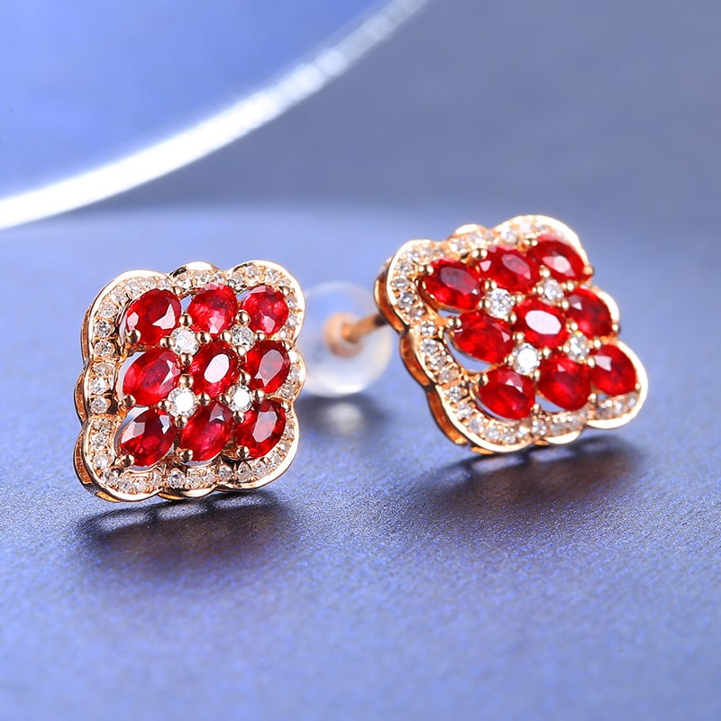 14k Gold 2.08 Ctw Vivid Red Natural Ruby & Diamond Earrings - 2
