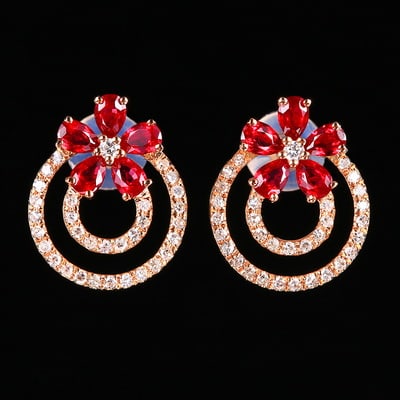 14k Gold 1.01 Ctw Vivid Red Natural Ruby & Diamond Earrings - 2