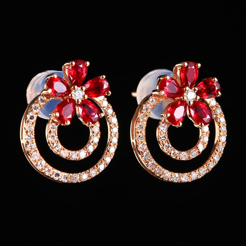 14k Gold 1.01 Ctw Vivid Red Natural Ruby & Diamond Earrings - 4