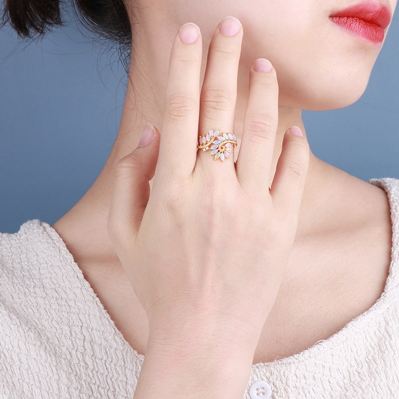 14k Gold 0.91 Ctw Natural Opal & Diamond Ring - 3