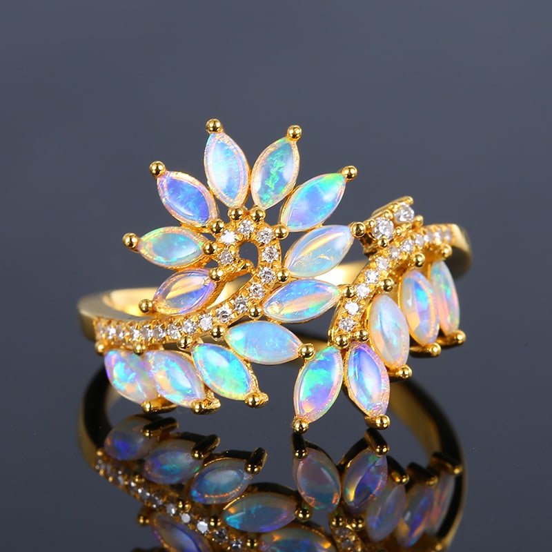 14k Gold 0.91 Ctw Natural Opal & Diamond Ring - 4