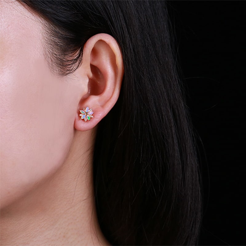 14k Gold 1.04 Ctw Natural Opal & Diamond Earrings - 3