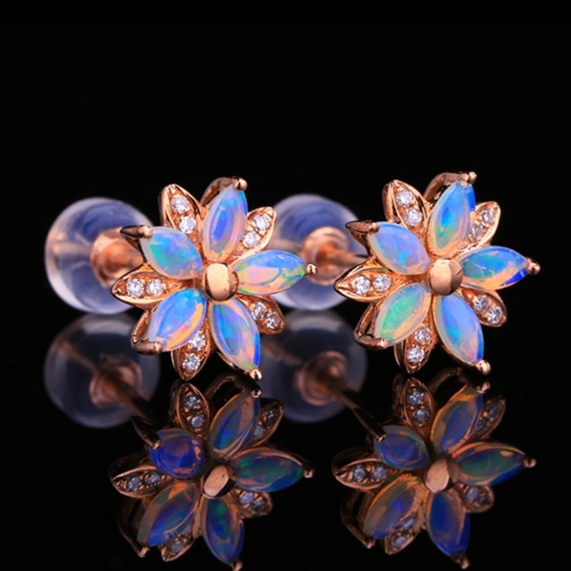 14k Gold 1.04 Ctw Natural Opal & Diamond Earrings - 5