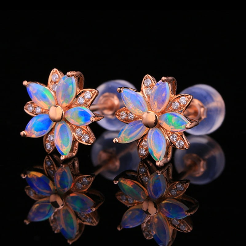 14k Gold 1.04 Ctw Natural Opal & Diamond Earrings - 6