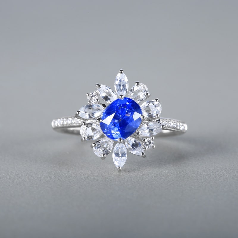 14k Gold 2.17 Ctw Natural Sapphire & Sapphire Ring: Ref:230951096 // gold content:14k gold // ring size:7. 25us // // main gemstone:sapphire // shape:oval // carat weight:1. 17ct // color:cornflower blue // treatment:natural // // adjacent gemstone