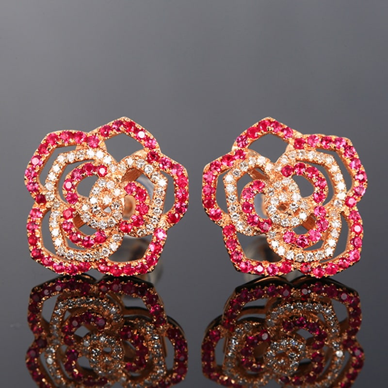 14k Gold 0.62 Ctw Natural Ruby & Diamond Earrings: Ref:230951098 // gold content:14k gold // main gemstone:ruby // shape:round // carat weight:0. 36ct // color:red // treatment:natural // cut grade:g // // adjacent gemstone 2 : diamond // number of st