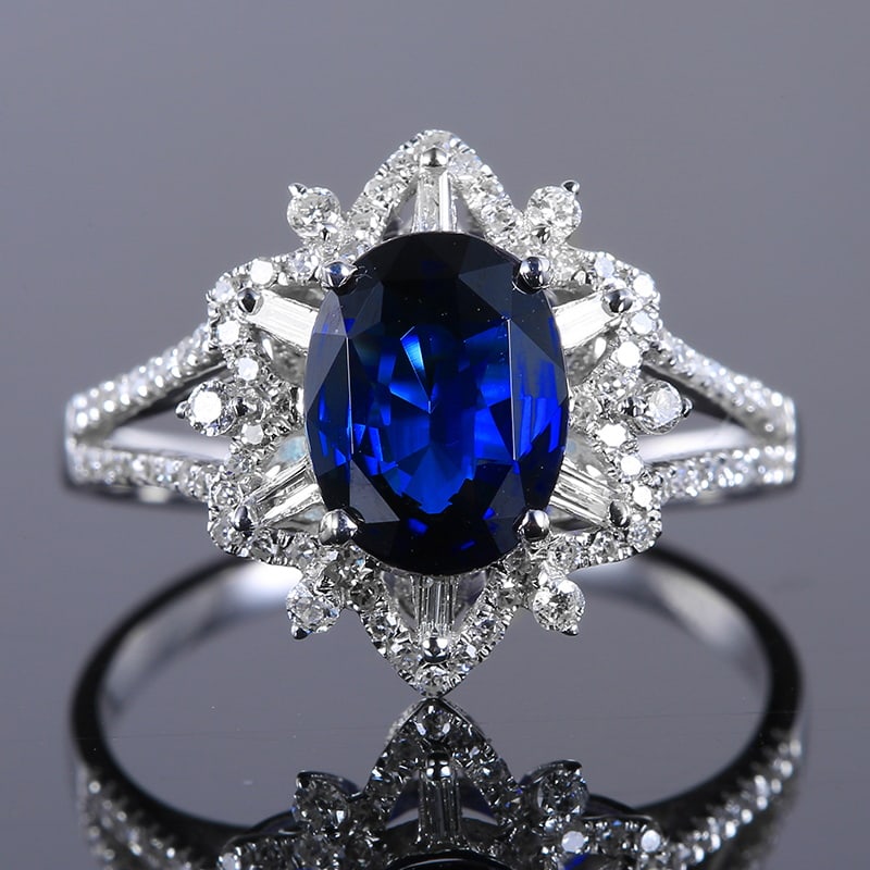 14k Gold 2.34 Ctw Natural Sapphire & Diamond Ring: Ref:230951099 // gold content:14k gold // ring size:7. 25us // // main gemstone:sapphire // shape:oval // carat weight:2ct // color:royal blue // treatment:natural // // adjacent gemstone 2 : diamond