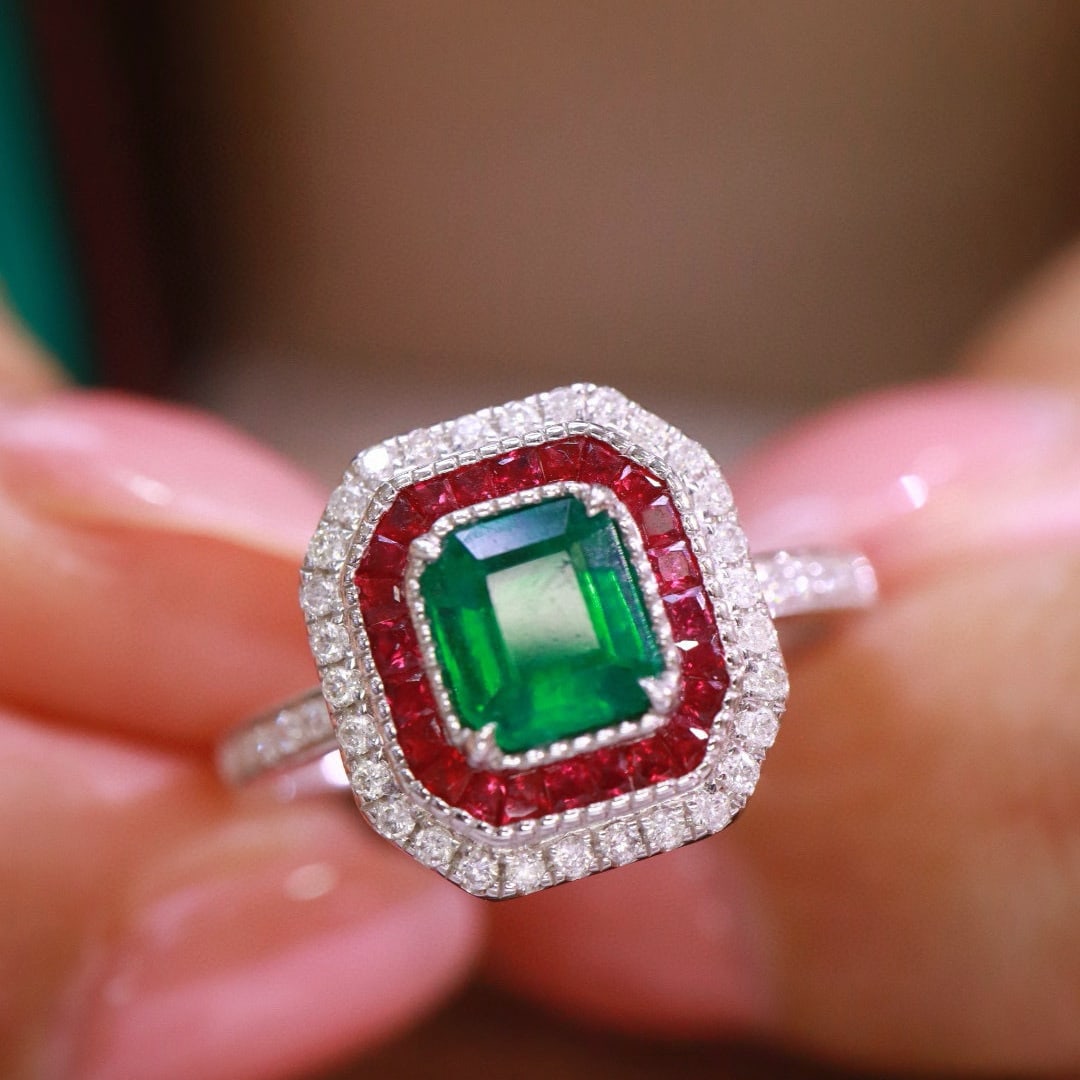 14k Gold 0.87 Ctw Vivid Green Natural Emerald & Diamond Ring: Ref:230951120 // gold content:14k gold // ring size:7. 25us // // main gemstone:emerald // shape:octagonal // carat weight:0. 65ct // color:vivid green // treatment:natural // // adjacent gemstone 2 :