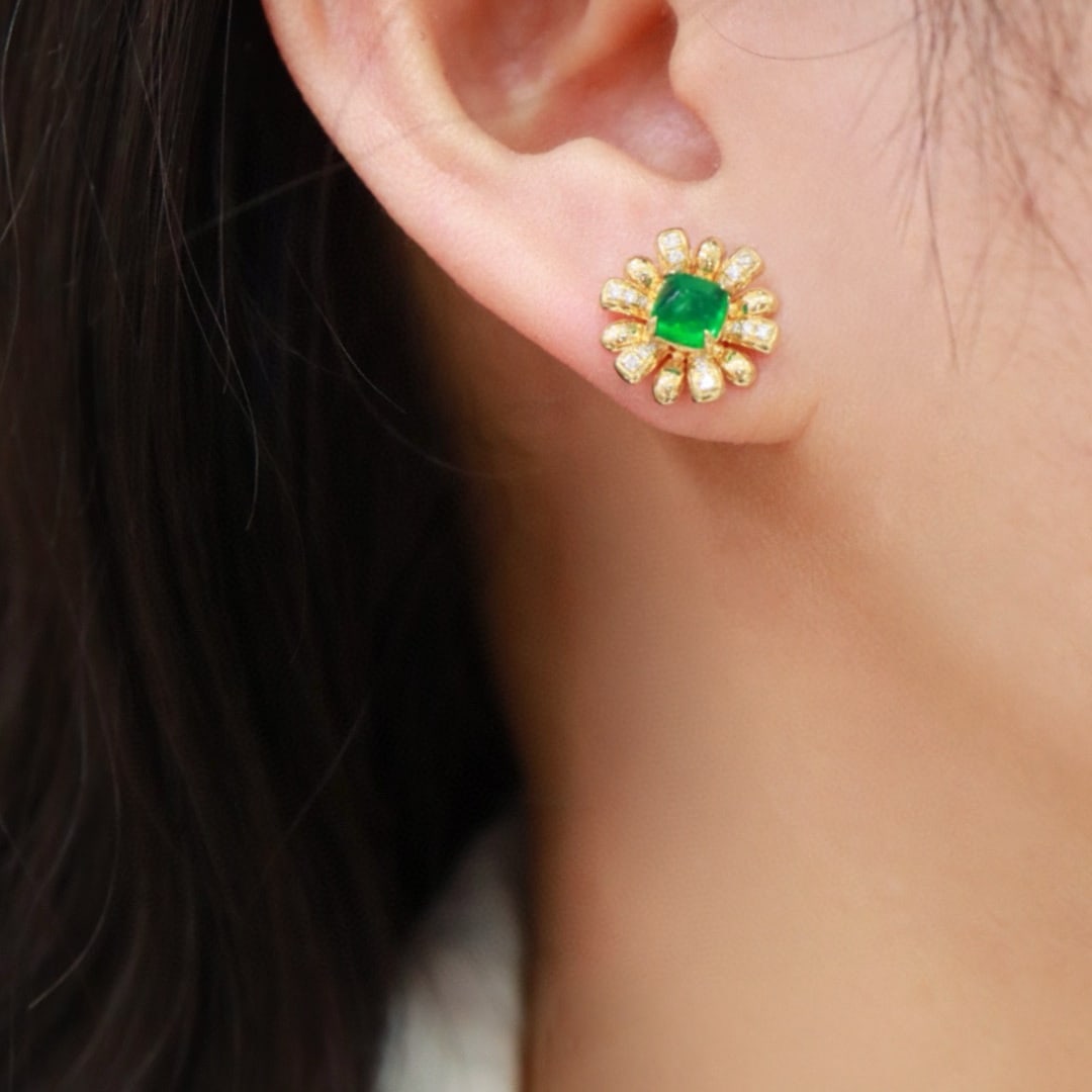 14k Gold 1.81 Ctw Vivid Green Natural Emerald & Diamond & Flowers Earrings - 2