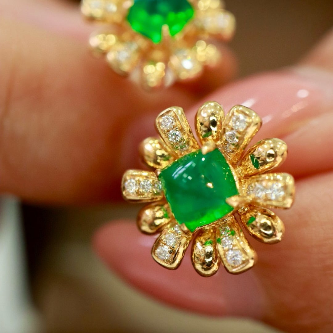 14k Gold 1.81 Ctw Vivid Green Natural Emerald & Diamond & Flowers Earrings - 5