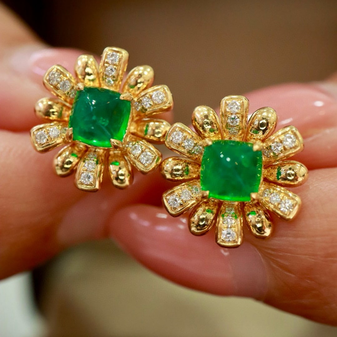 14k Gold 1.81 Ctw Vivid Green Natural Emerald & Diamond & Flowers Earrings - 8