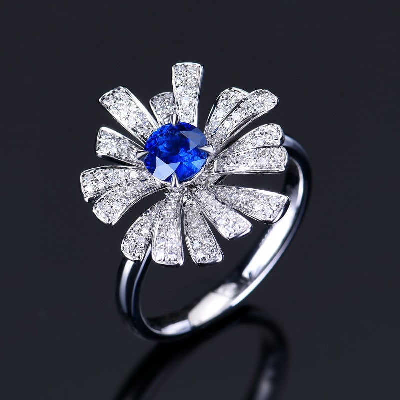 14k Gold 0.97 Ctw Natural Sapphire & Diamond & Flowers Ring - 4