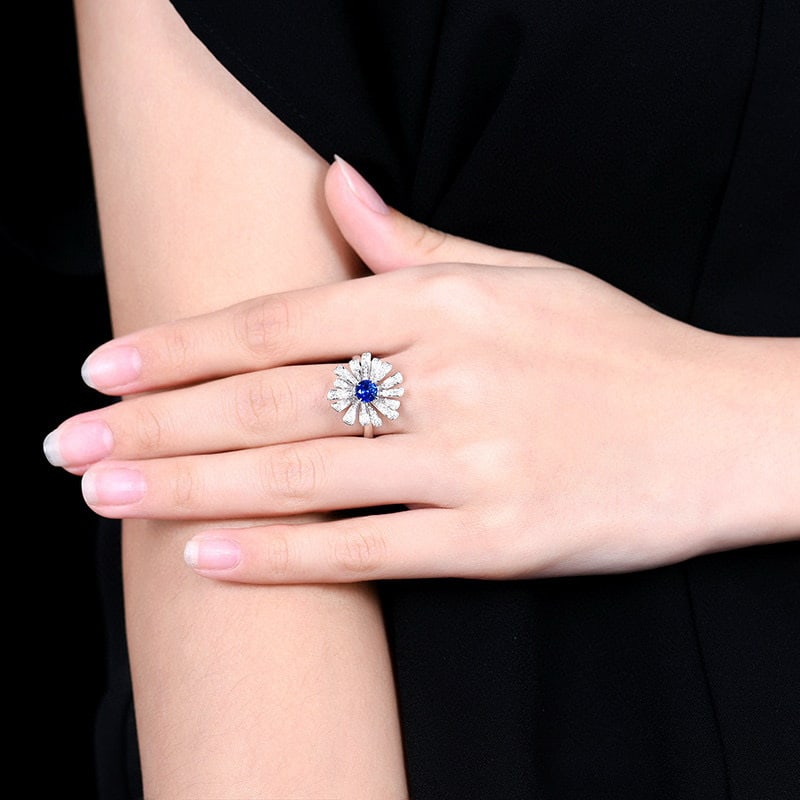 14k Gold 0.97 Ctw Natural Sapphire & Diamond & Flowers Ring - 8