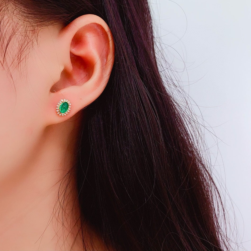 14k Gold 1.5 Ct Natural Emerald & Diamond Earrings - 6