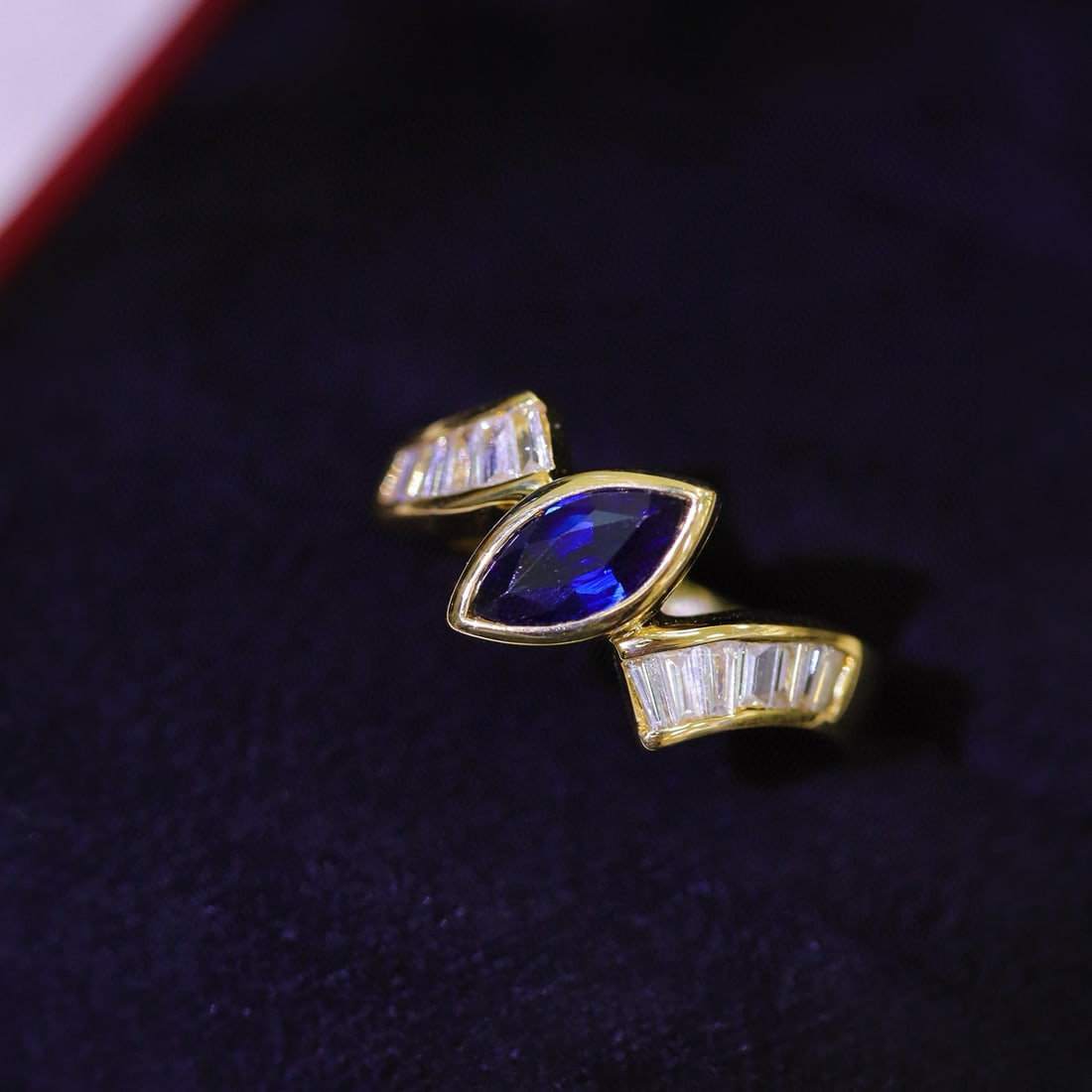 14k Gold 1.26 Ctw Natural Sapphire & Diamond Ring: Ref:230951166 // gold content:14k gold // ring size:7. 25us // // main gemstone:sapphire // shape:marquise // carat weight:0. 78ct // color:royal blue // treatment:natural // // adjacent gemstone