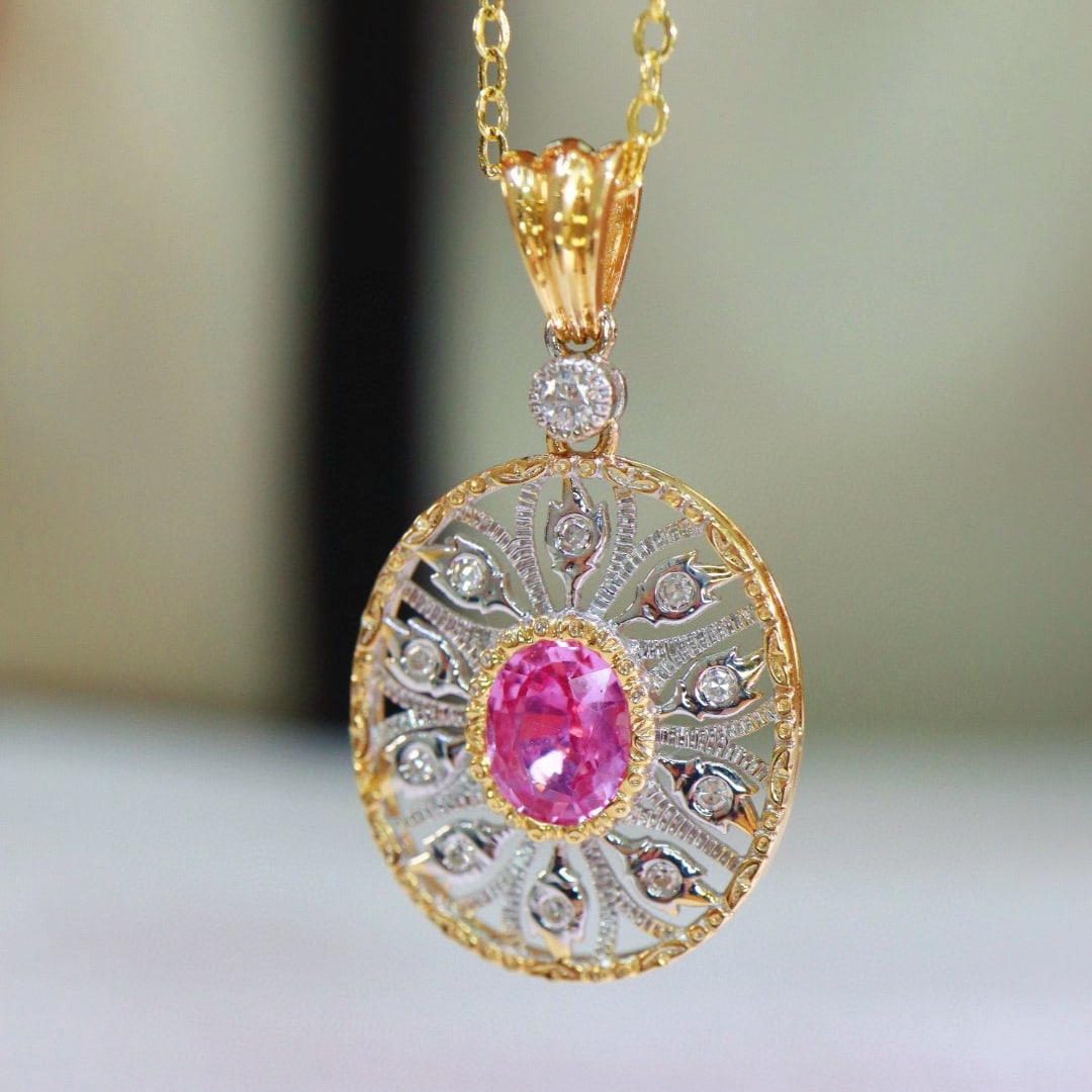 14k Gold 0.74 Ctw Natural Padparadscha Sapphire & Diamond Pendant( Without Chain ) - 2