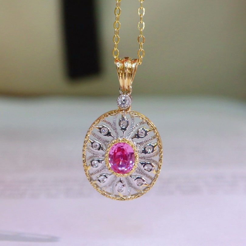 14k Gold 0.74 Ctw Natural Padparadscha Sapphire & Diamond Pendant( Without Chain ) - 3