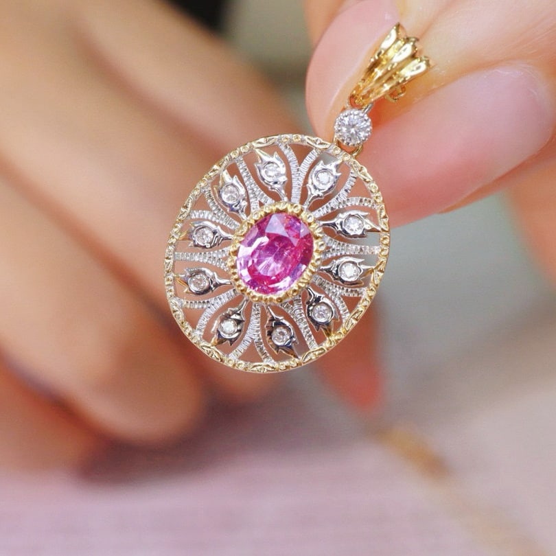 14k Gold 0.74 Ctw Natural Padparadscha Sapphire & Diamond Pendant( Without Chain ) - 6