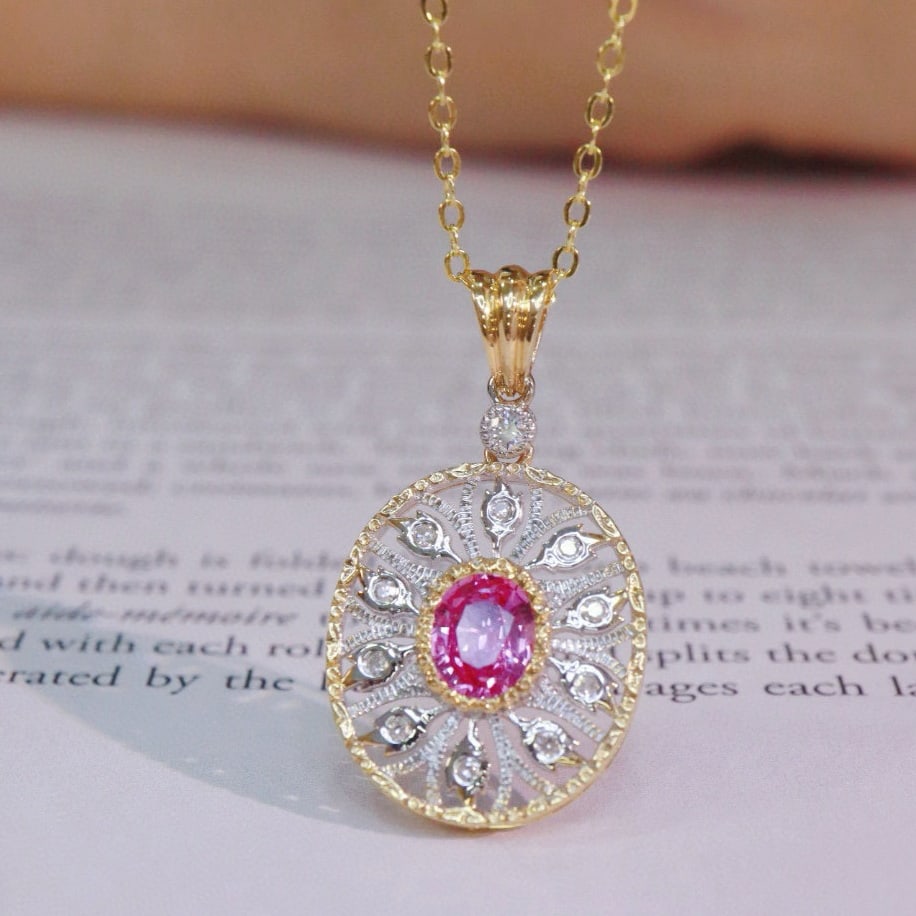 14k Gold 0.74 Ctw Natural Padparadscha Sapphire & Diamond Pendant( Without Chain ) - 7