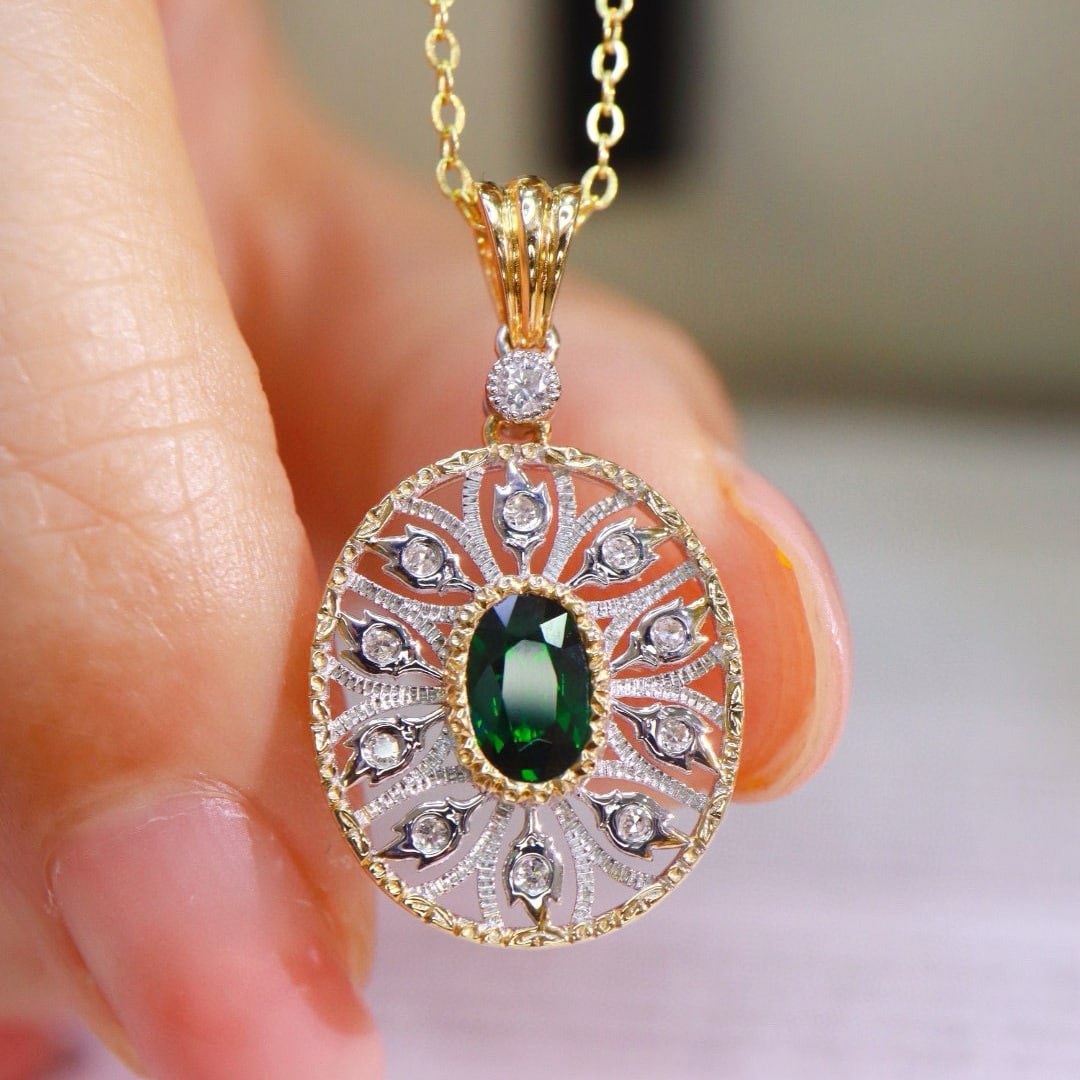 14k Gold 0.64 Ctw Vivid Green Natural Tsavorite & Diamond Pendant( Without Chain ) - 4