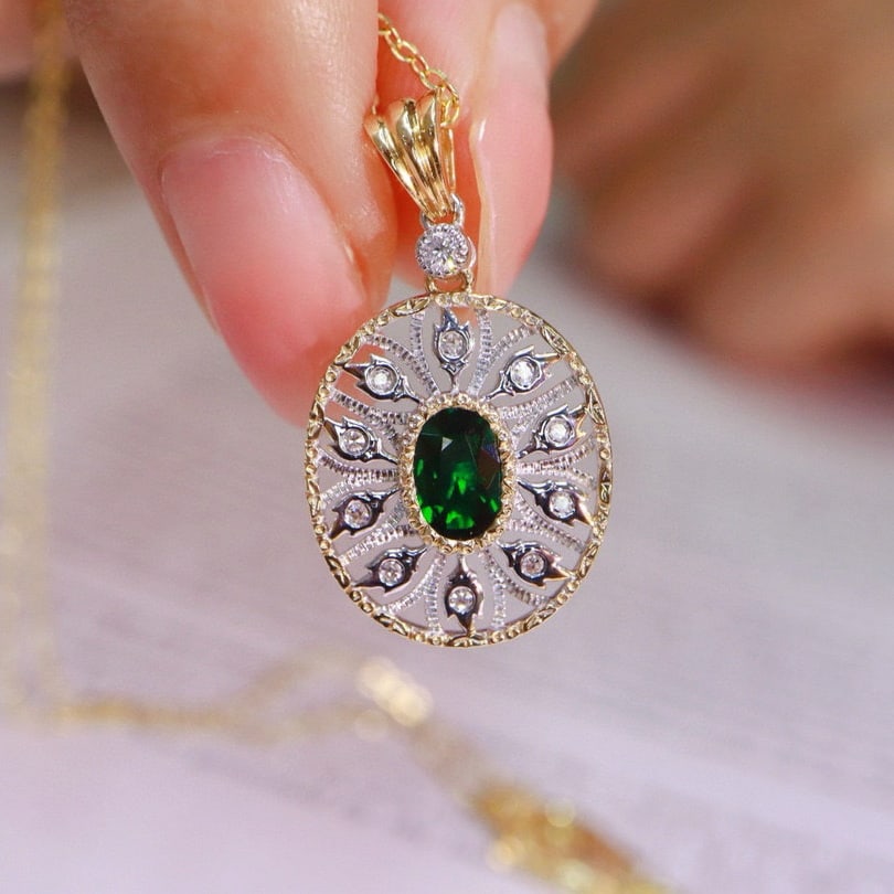 14k Gold 0.64 Ctw Vivid Green Natural Tsavorite & Diamond Pendant( Without Chain ) - 6