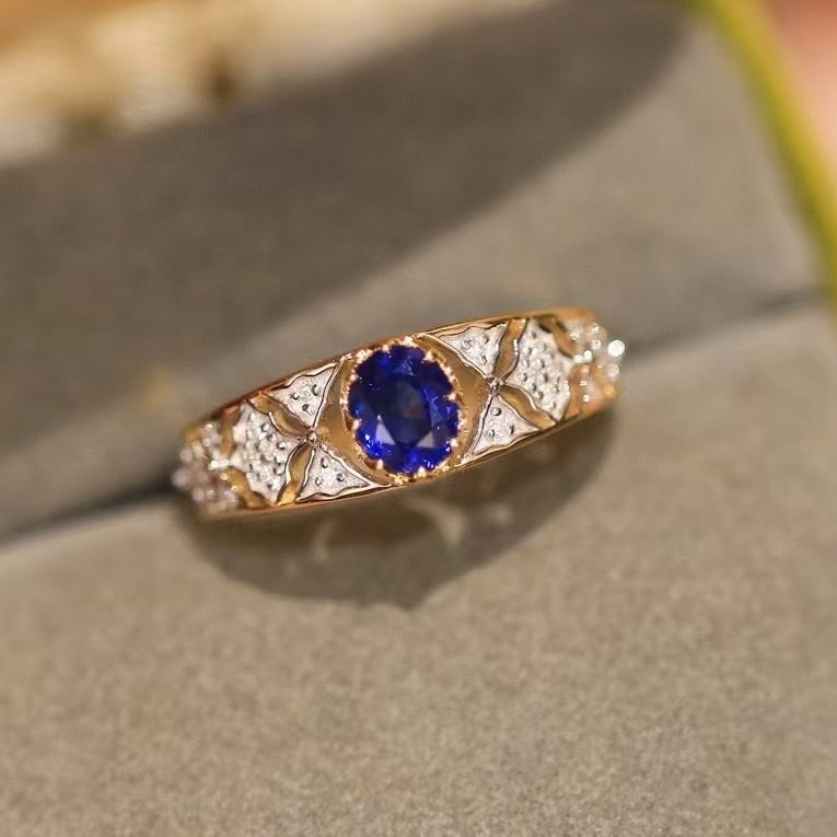 14k Gold 0.71 Ctw Natural Sapphire & Diamond Ring: Ref:230951251 // gold content:14k gold // ring size:7. 25us // // main gemstone:sapphire // shape:oval // carat weight:0. 6ct // color:royal blue // treatment:natural // // adjacent gemstone 2 : diamo