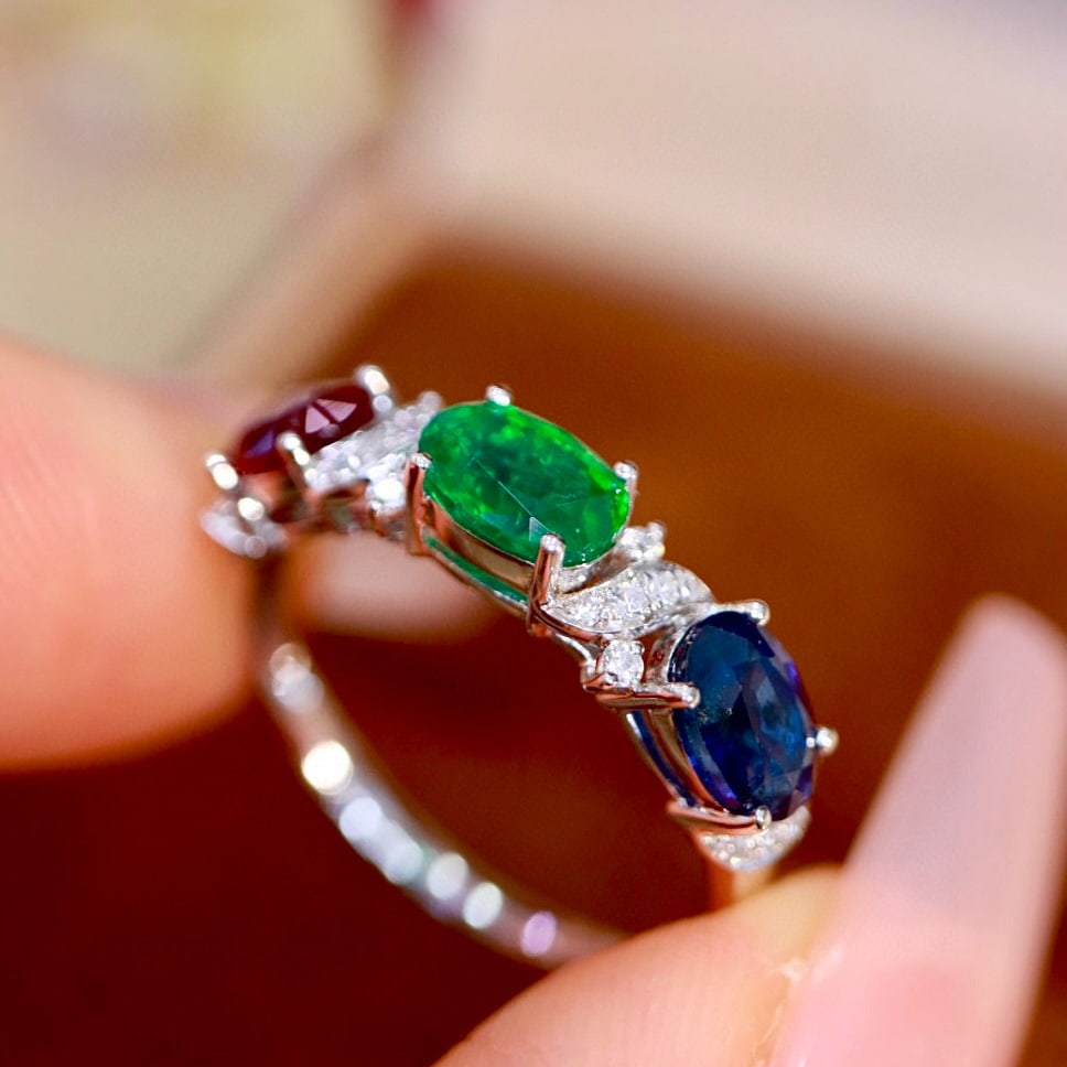 14k Gold 2.09 Ctw Natural Emerald & Sapphire & Ruby & Diamond Ring - 7
