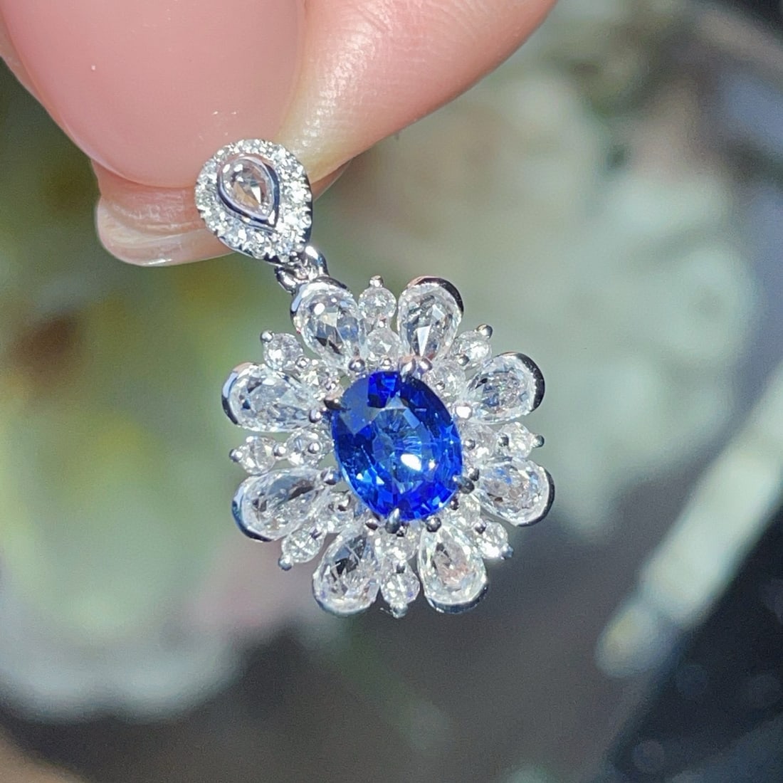14k Gold 1.1 Ct Natural Sapphire & Diamond & Sapphire Pendant( Without Chain ) - 2