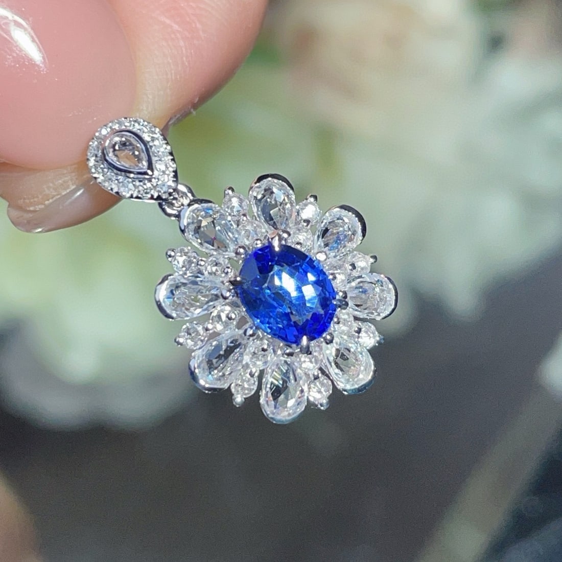 14k Gold 1.1 Ct Natural Sapphire & Diamond & Sapphire Pendant( Without Chain ) - 3