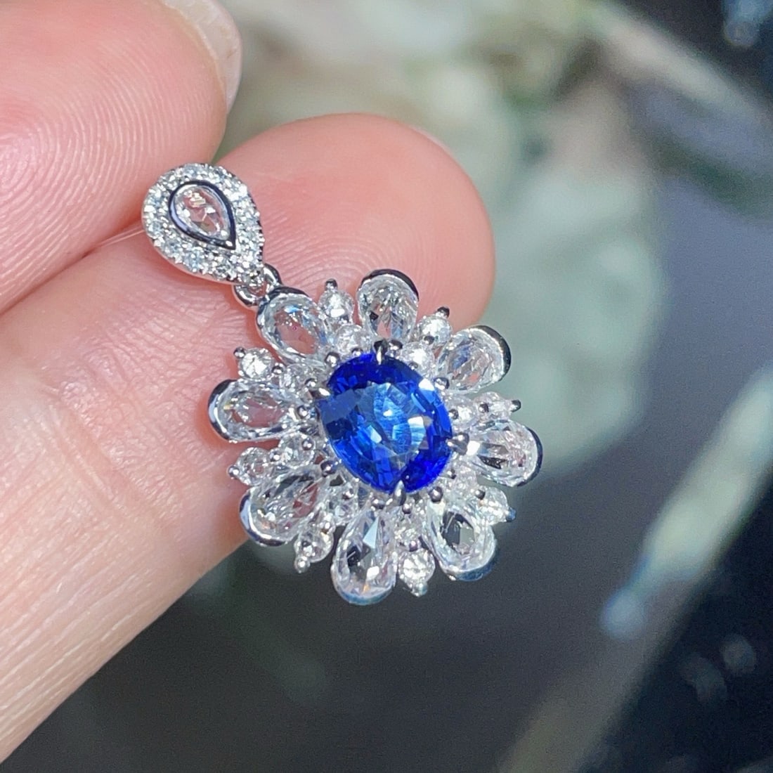 14k Gold 1.1 Ct Natural Sapphire & Diamond & Sapphire Pendant( Without Chain ) - 4