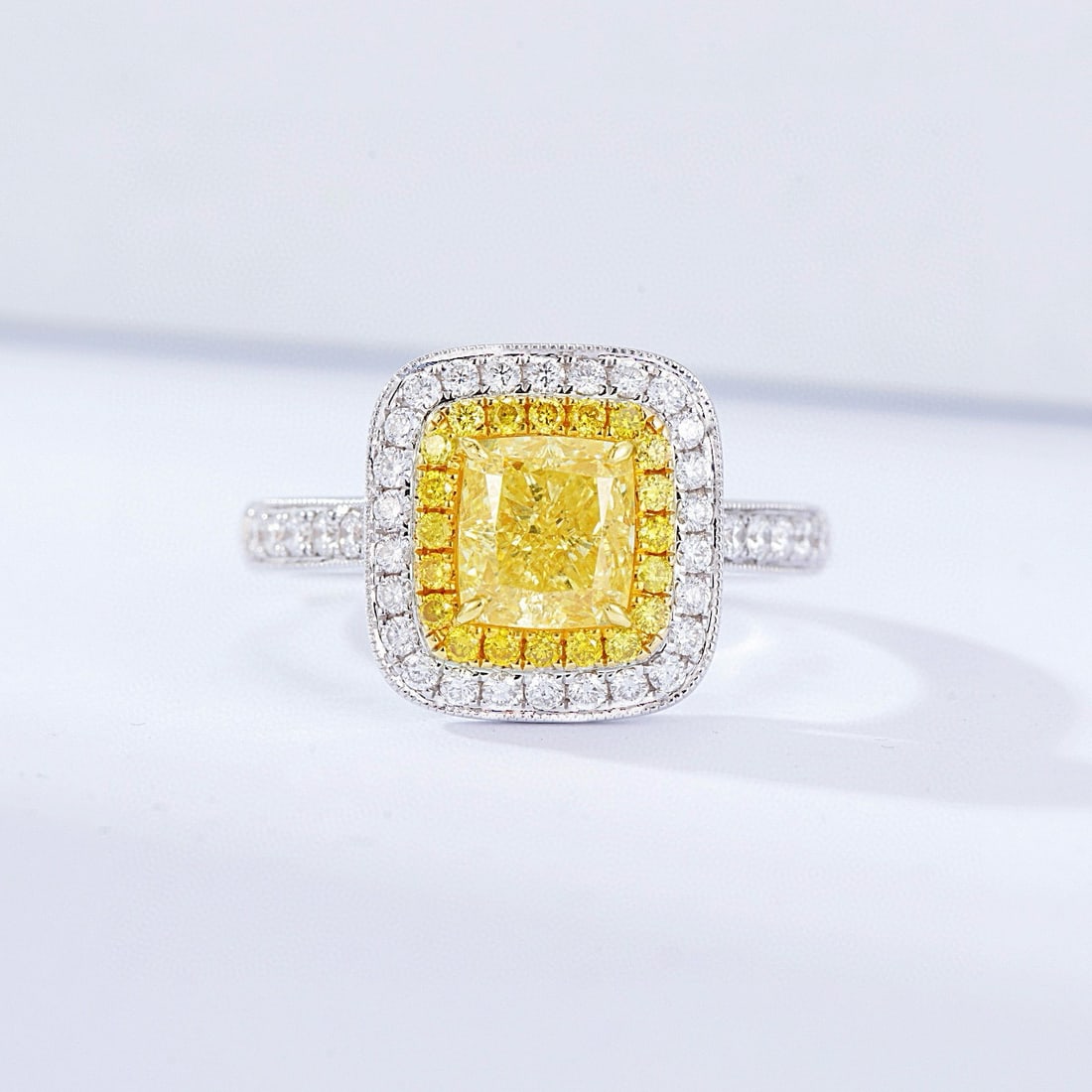 Gia Certified 14k Gold 2.06 Ctw Natural Yellow Diamond & Diamond Ring: Ref:230952123 // gold content:14k gold // ring size:7. 25us // // main gemstone:yellow diamond // certified:gia // shape:cushion // carat weight:1. 51ct // clarity grade:vs1 // color:yellow // treatme