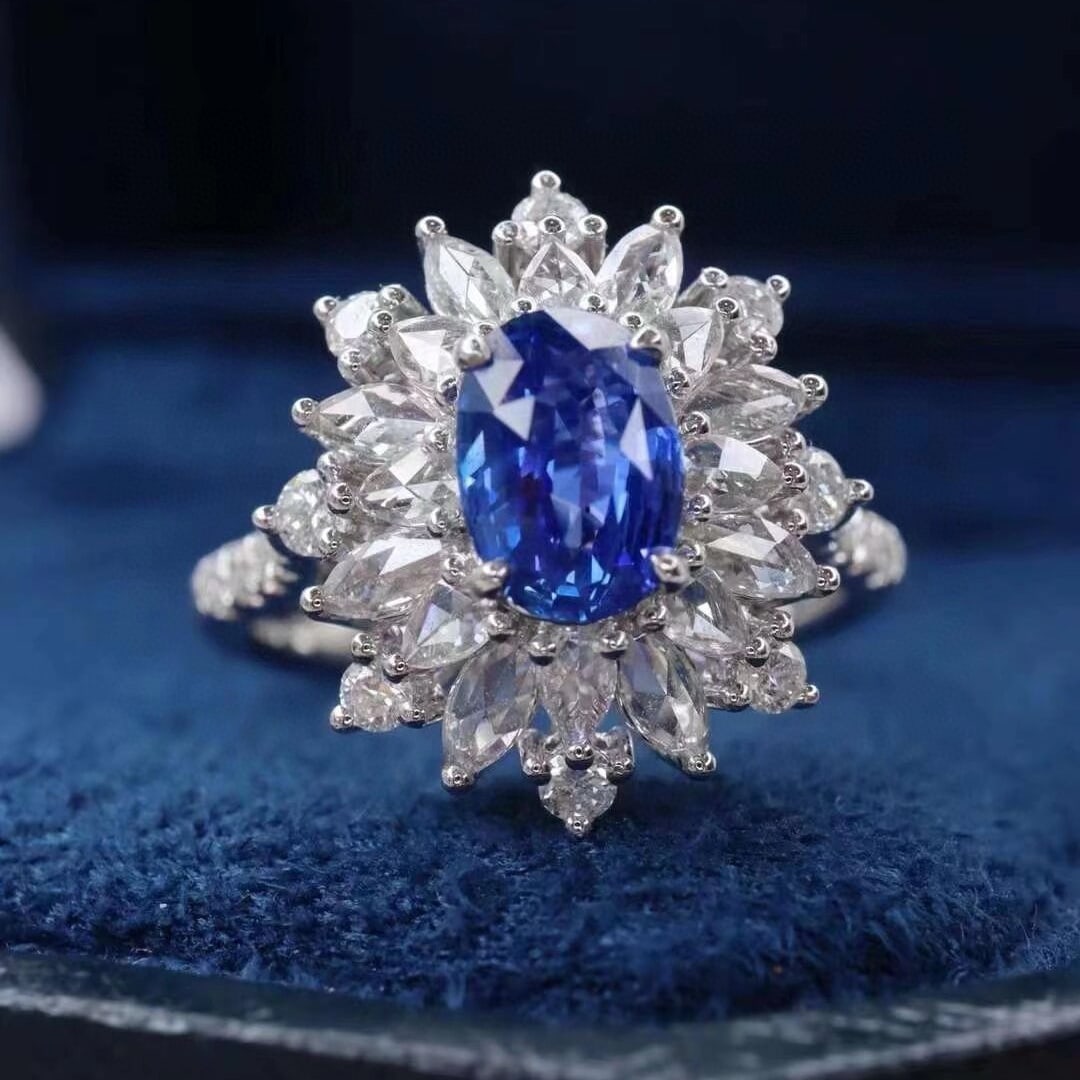 14k Gold 1.86 Ctw Natural Sapphire & Diamond Ring: Ref:230952196 // gold content:14k gold // ring size:7. 25us // // main gemstone:sapphire // shape:oval // carat weight:1. 15ct // color:royal blue // treatment:natural // // adjacent gemstone 2 : diam