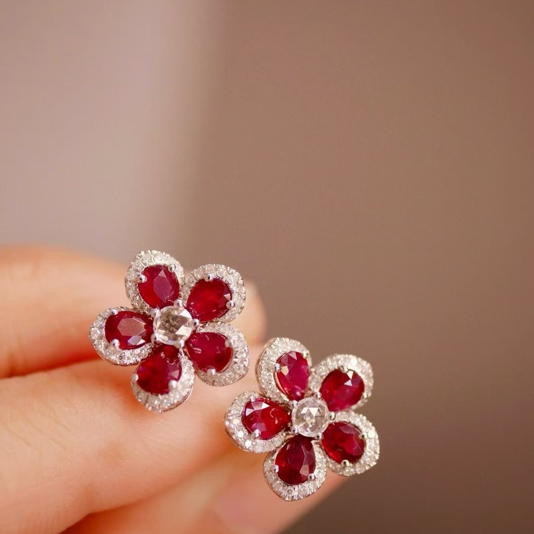 14k Gold 1.9 Ct Natural Ruby & Diamond Earrings - 3