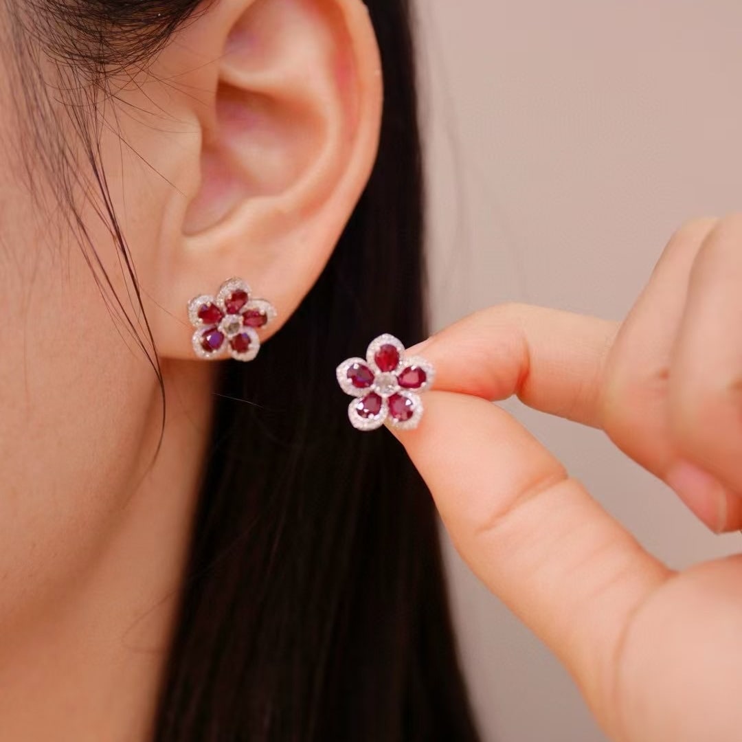 14k Gold 1.9 Ct Natural Ruby & Diamond Earrings - 4