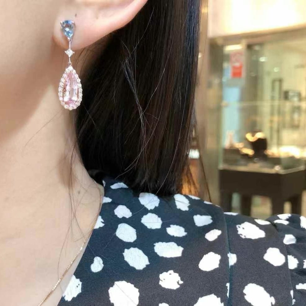 14k Gold 5.05 Ctw Natural Morganite & Aquamarine Earrings - 4