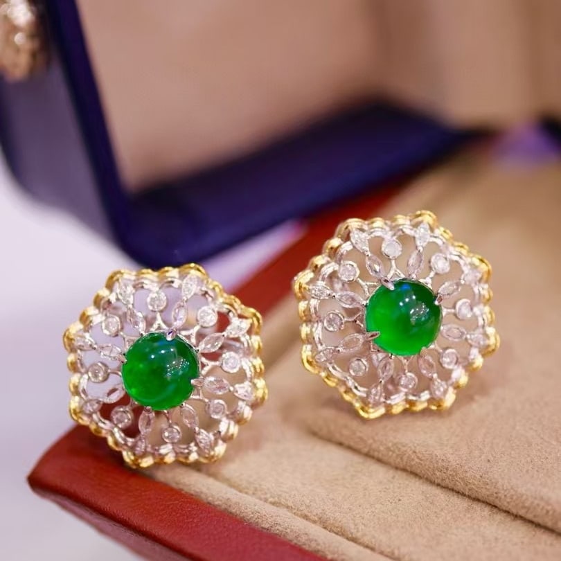 14k Gold 2.52 Ct Vivid Green Natural Emerald & Diamond & Sapphire Earrings: Ref:230952356 // gold content:14k gold // main gemstone:emerald // shape:round // carat weight:2. 52ct // color:vivid green // treatment:natural // cut grade:g // // adjacent gemstone 2 : diamond