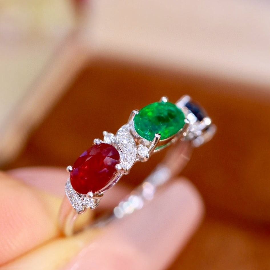 14k Gold 2.09 Ctw Natural Emerald & Sapphire & Ruby & Diamond Ring - 3